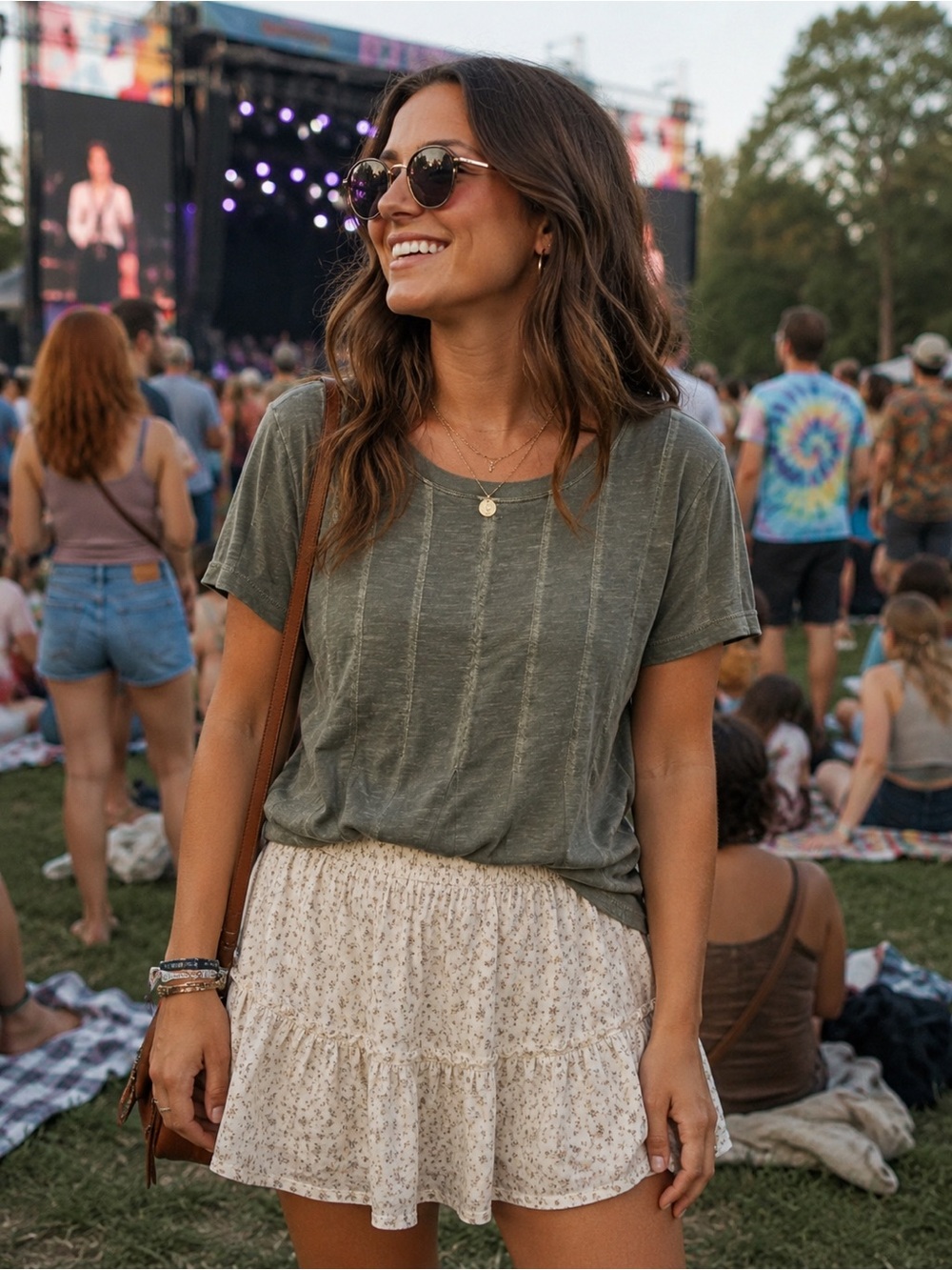 Lucky Brand Boho Faded  Olive Short Sleeve Rib-Detail Tee Size XS